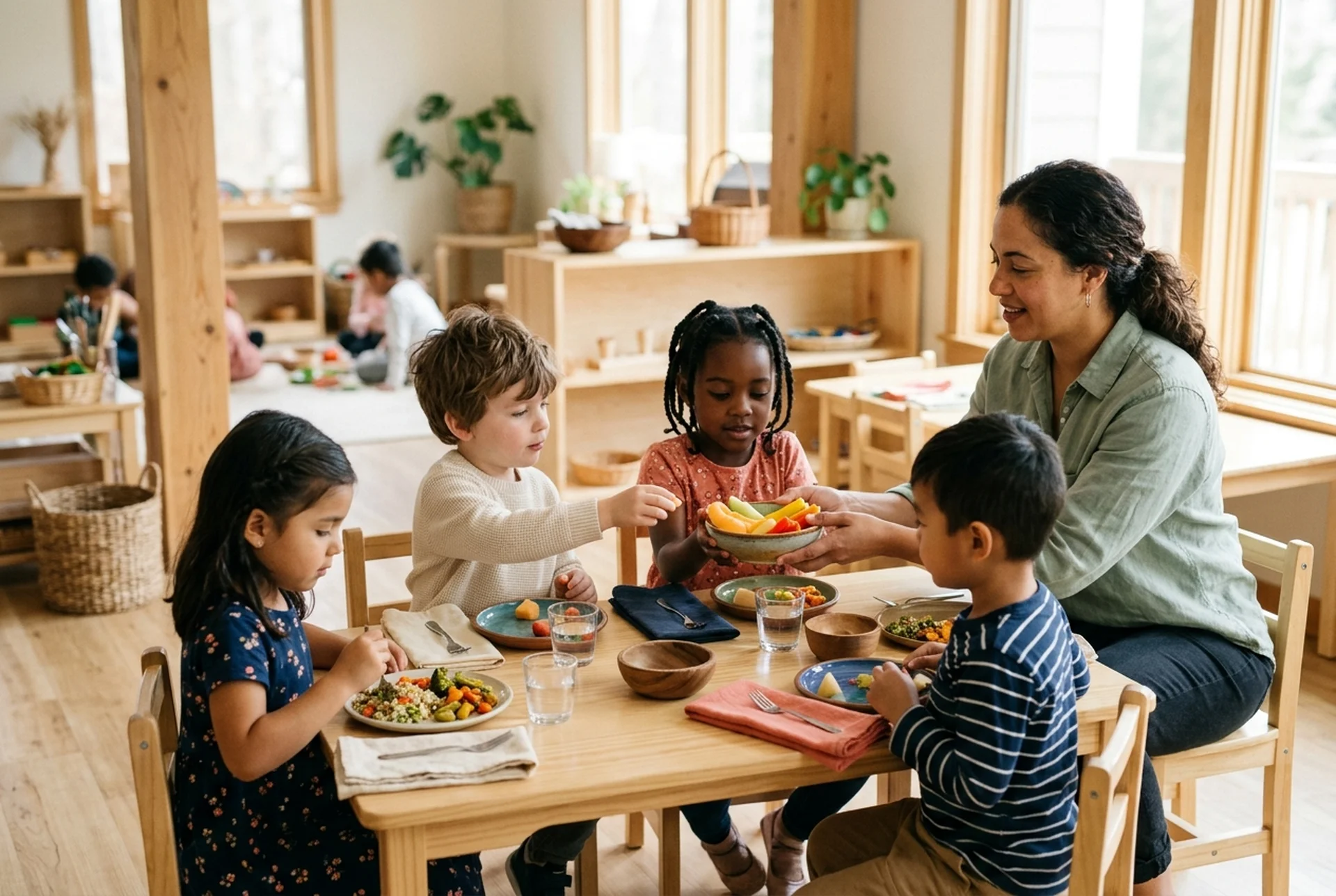 AI-generated illustrative image — Children and an educator enjoying family-style lunch at a low wooden classroom table