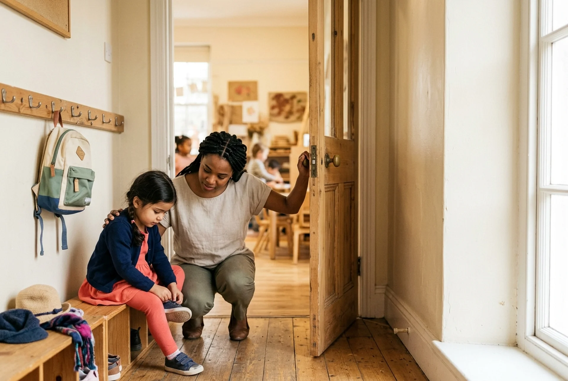 AI-generated illustrative image — A child and parent in an entrance hall with cubbies looking toward an open classroom door